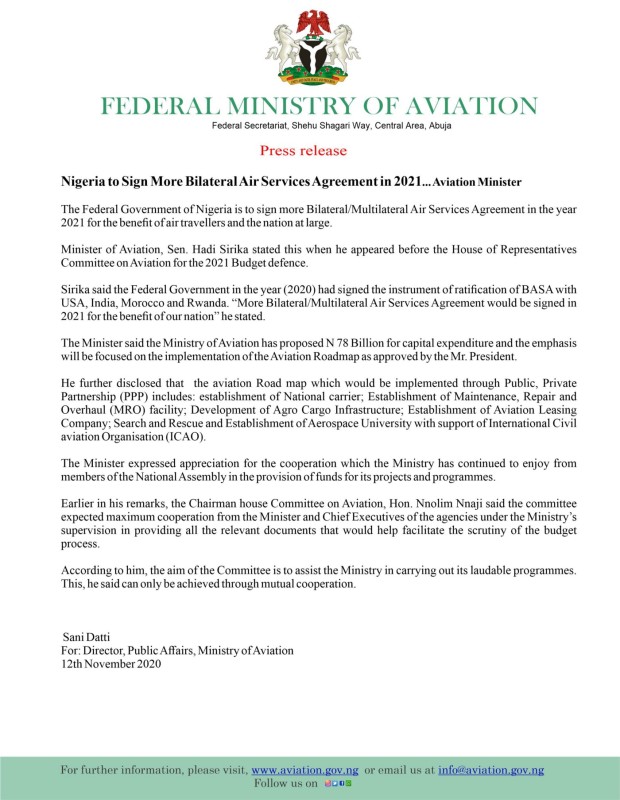 Nigeria to Sign More Bilateral Air Services Agreement in 2021